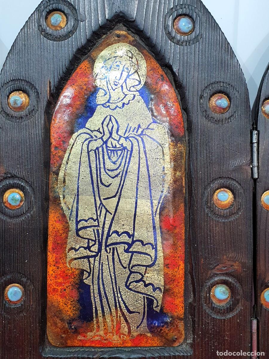 Arte: -ICONO TRIPTICO ESMALTE SOBRE COBRE CON ALTAR DE MADERA. - Foto 4