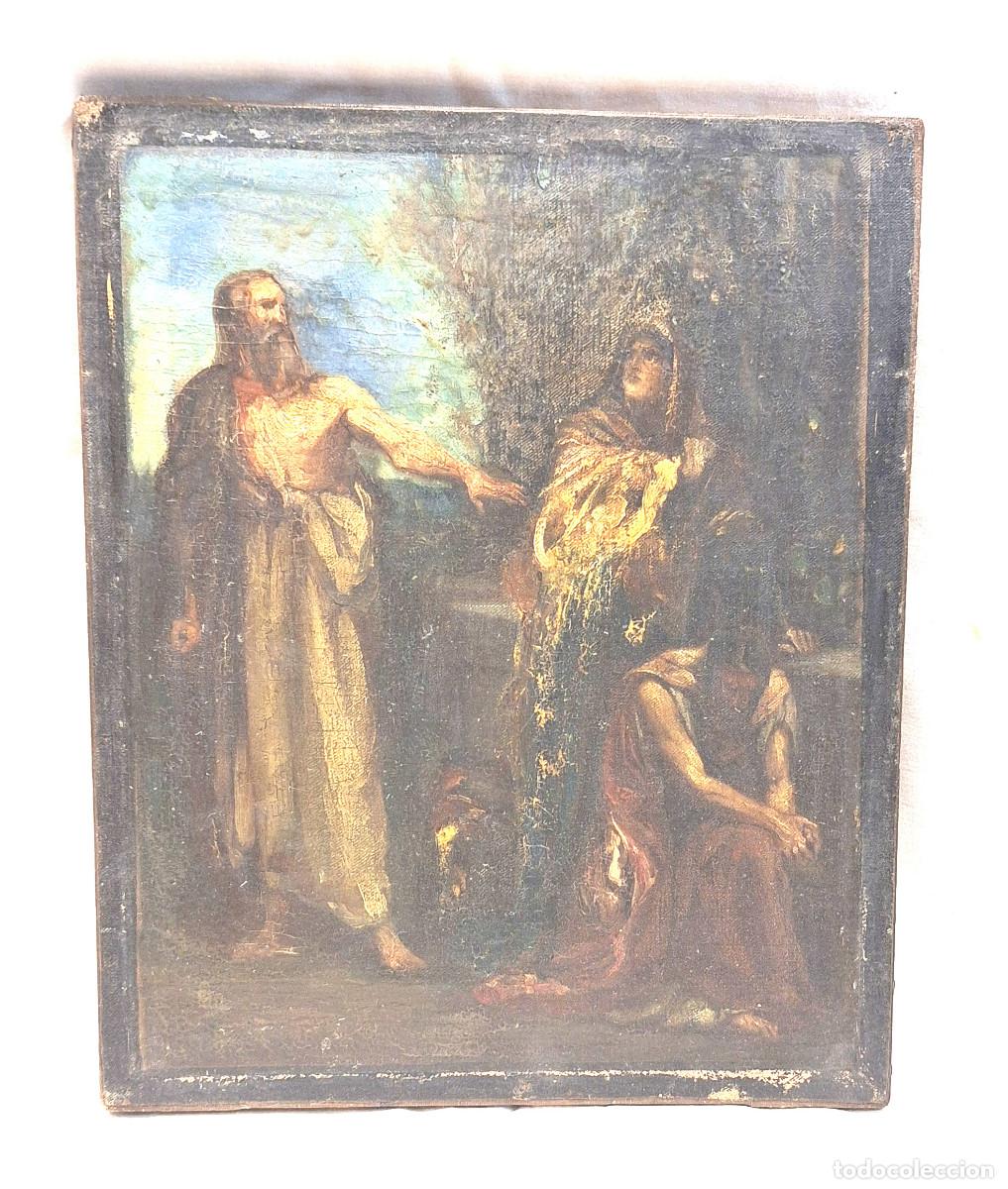 Arte: Escena Religiosa exterior Pintura al Oleo S XIX. Med. 30 cm