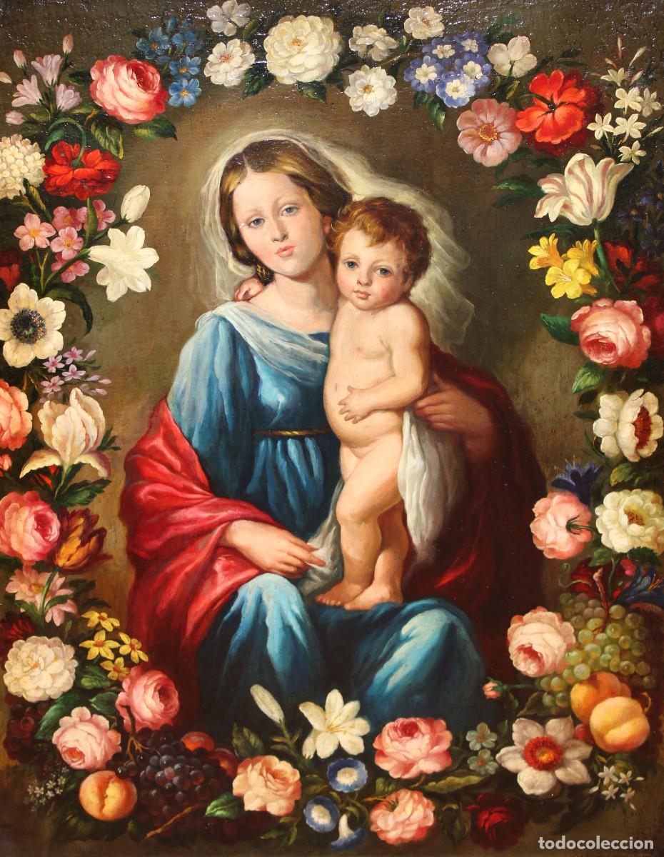 Arte: ESCUELA ESPAÑOLA DE PRINCIPIOS DEL SIGLO XIX. GRAN OLEO SOBRE TELA. VIRGEN Y NIÑO EN UNA GUIRNALDA