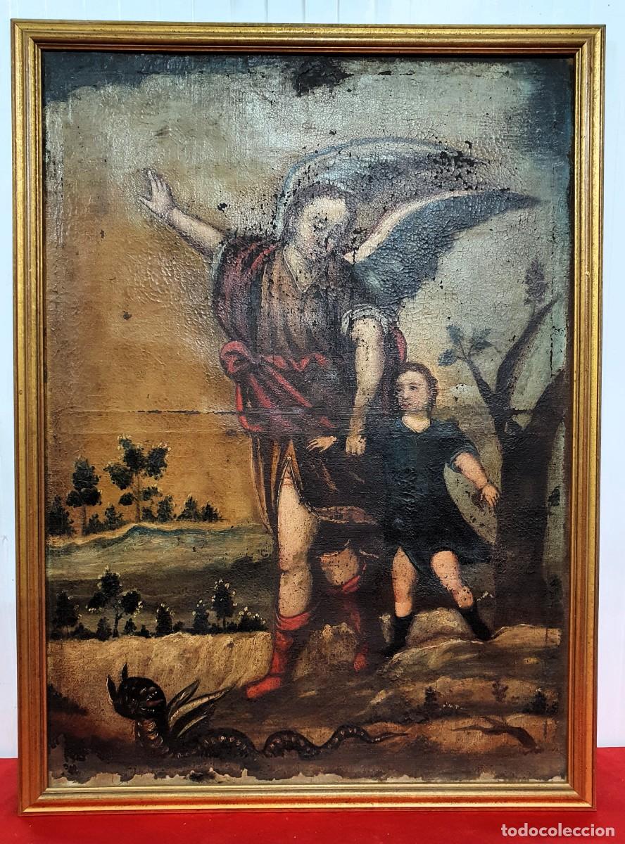 Arte: -Oleo religioso sobre lienzo &Aacute;ngel de la guarda - Foto 1