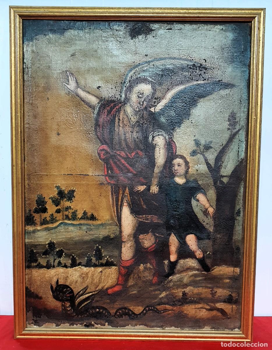 Arte: -Oleo religioso sobre lienzo &Aacute;ngel de la guarda - Foto 2