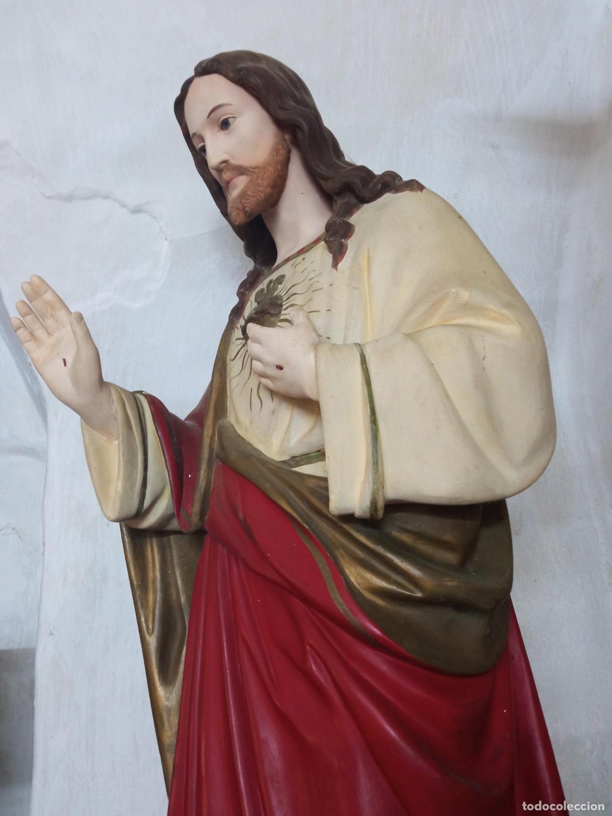 Arte: 130 cm - Importante Sagrado Coraz&oacute;n Jes&uacute;s Bendice Altar Capilla Iglesia - Olot - ojos de cristal