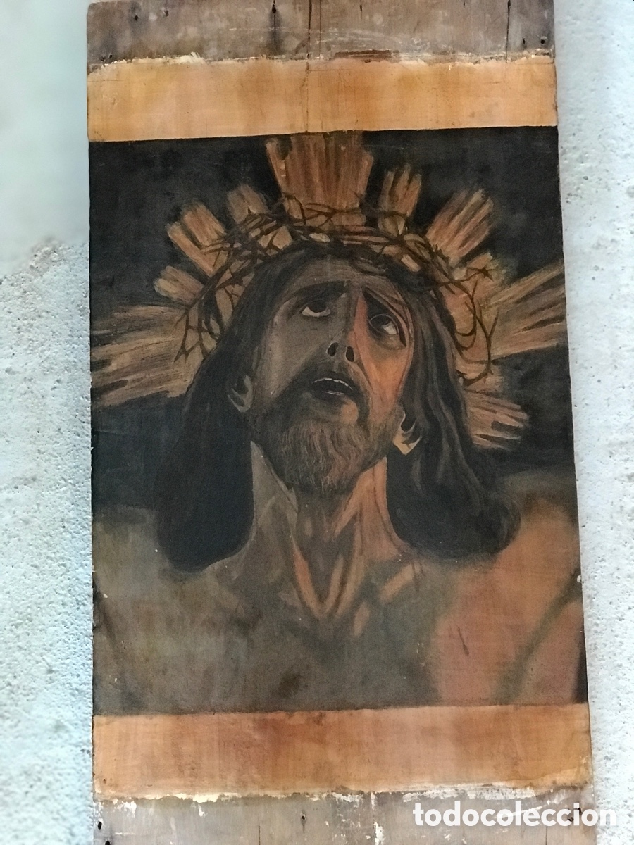 Arte: Cabeza cristo pintada sobre tabla. - Foto 2
