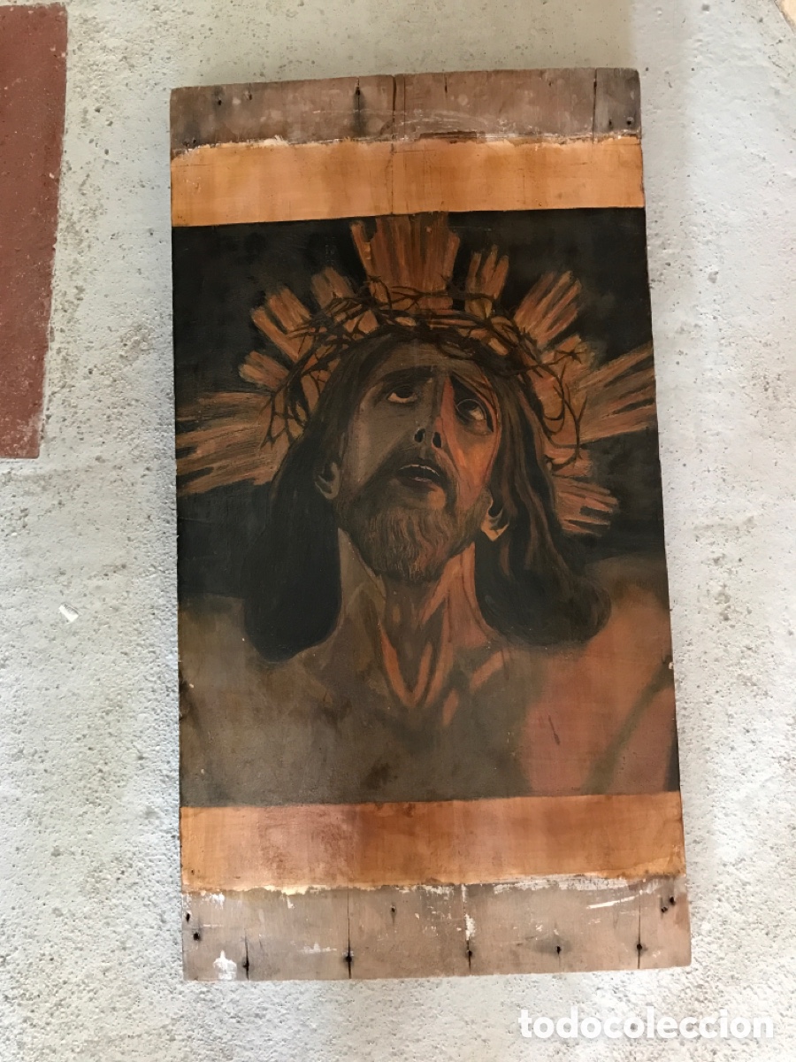 Arte: Cabeza cristo pintada sobre tabla. - Foto 1