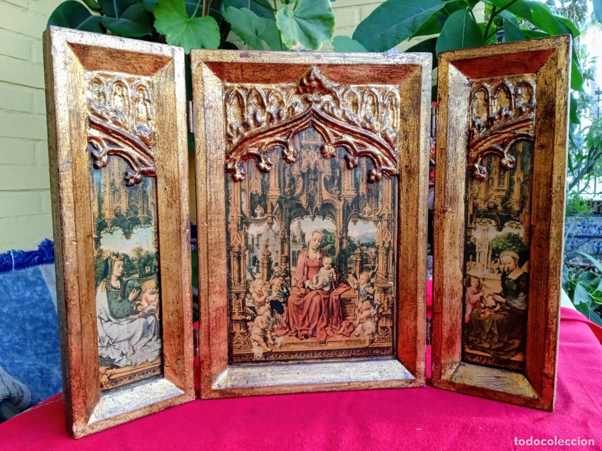 Arte: Tr&iacute;ptico retablo antiguo religioso de madera - Foto 1