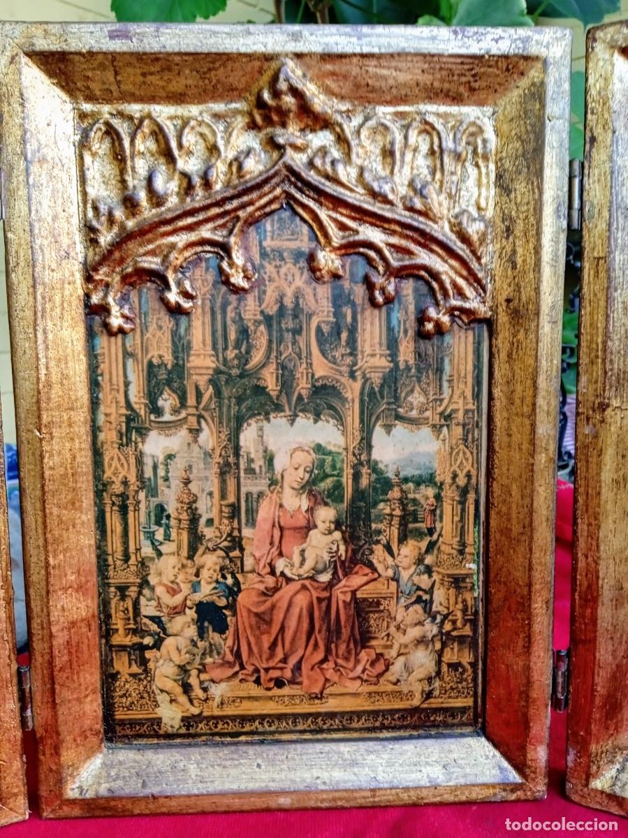 Arte: Tr&iacute;ptico retablo antiguo religioso de madera - Foto 3
