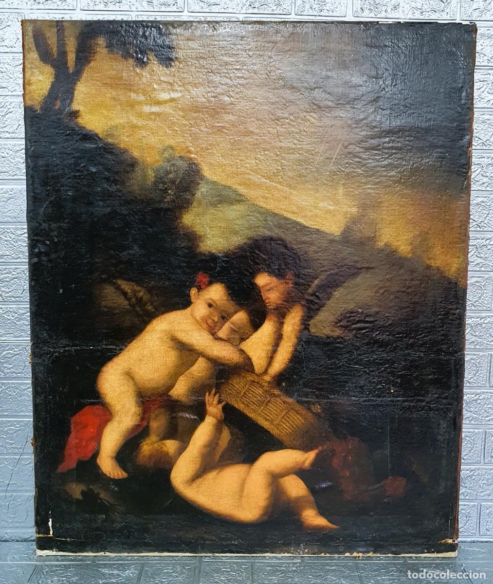 Arte: Antiguo oleo sobre lienzo, querubines - Foto 1