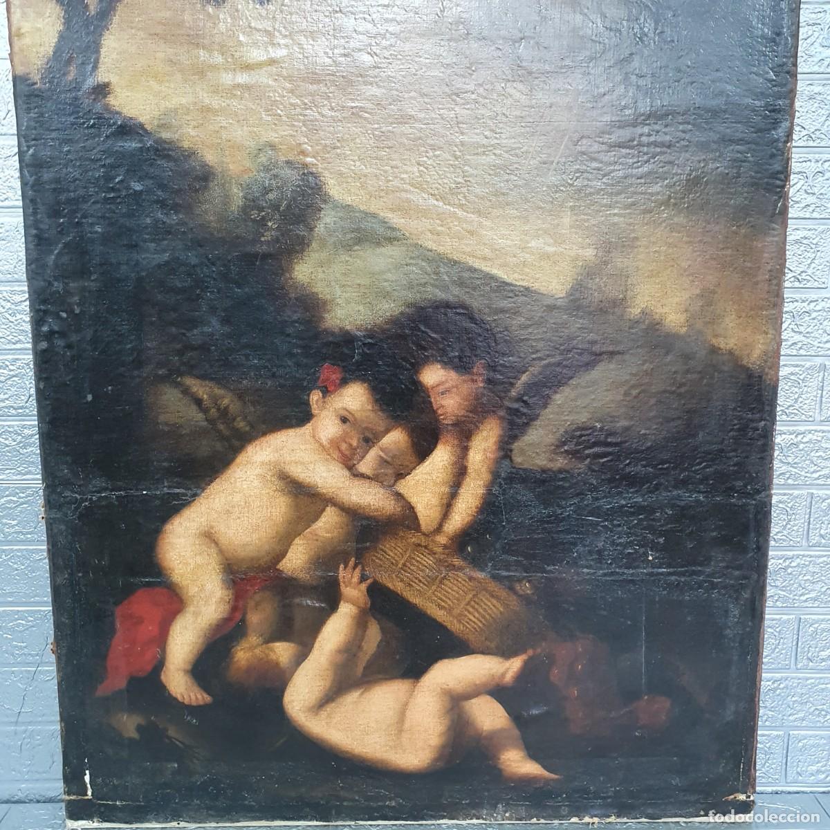 Arte: Antiguo oleo sobre lienzo, querubines - Foto 2