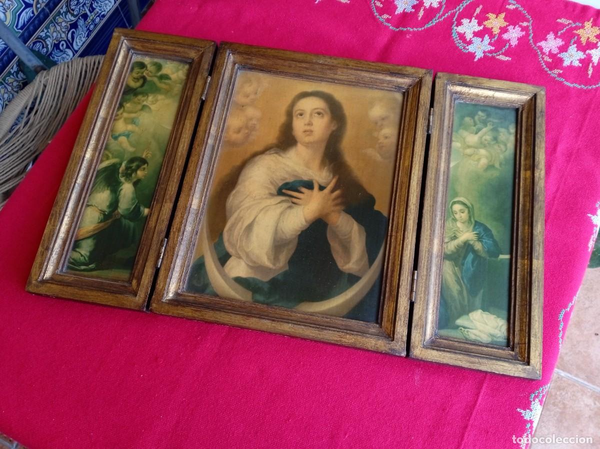 Arte: Tr&iacute;ptico retablo antiguo religioso de madera - Foto 1