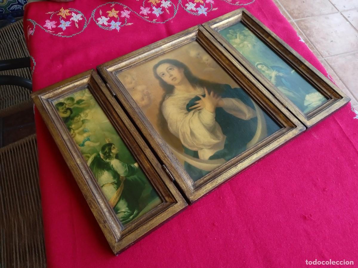 Arte: Tr&iacute;ptico retablo antiguo religioso de madera - Foto 2