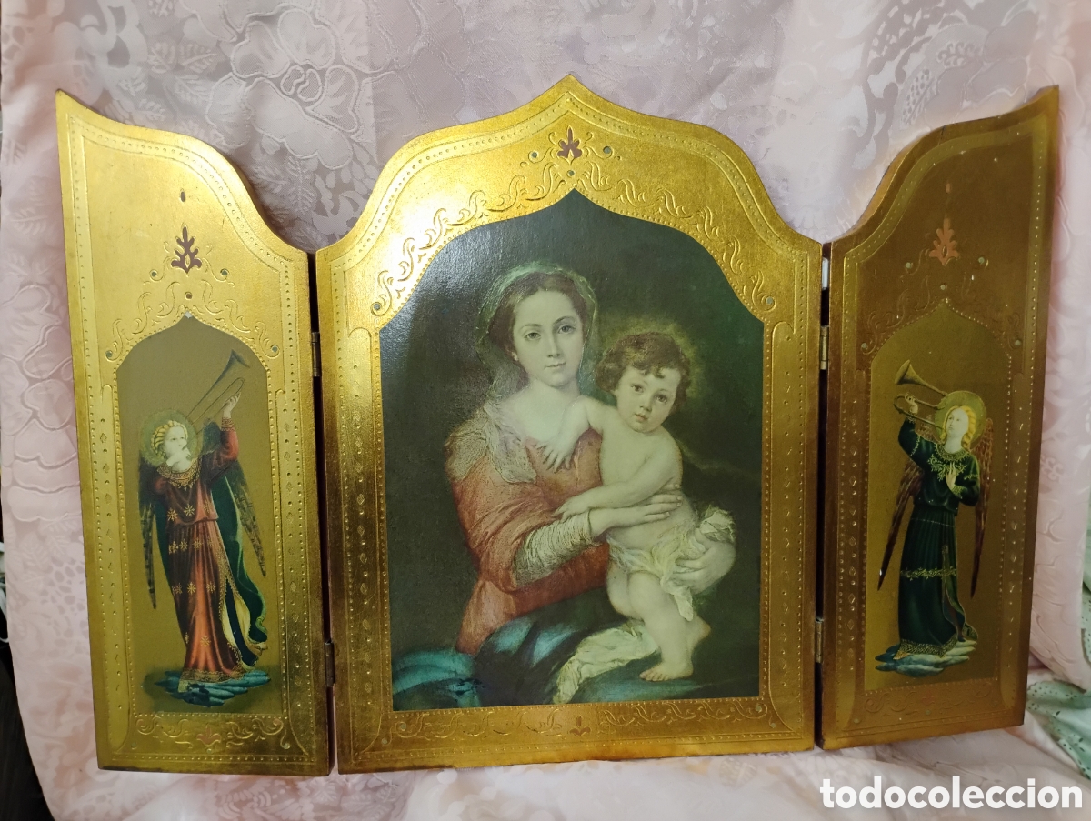 Arte: Se trata de un tr&iacute;ptico de tem&aacute;tica religiosa que representa a la Virgen Mar&iacute;a, en el panel central. - Foto 1