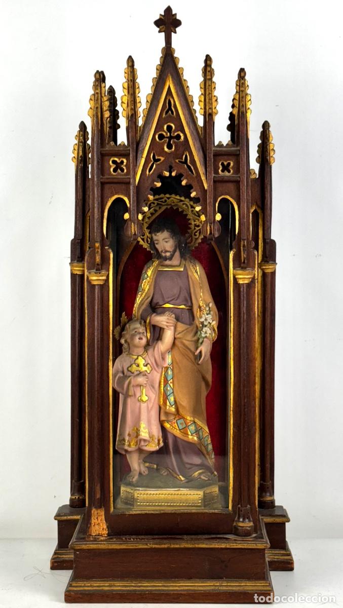 Arte: SAN JOS&Eacute; Y EL NI&Ntilde;O JES&Uacute;S - TERRACOTA POLICROMADA - OLOT - CON URNA NEOGOTICA