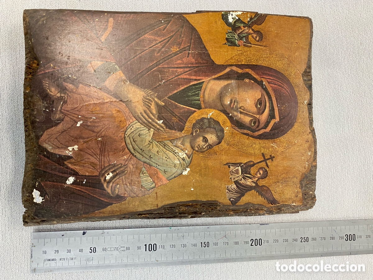 Arte: Icono sobre madera de la virgen - Foto 1