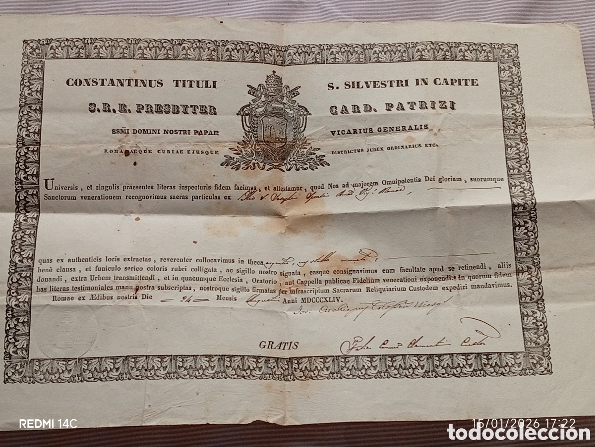 Arte: Certificado eclesi&aacute;stico de reliquias originales - Foto 1