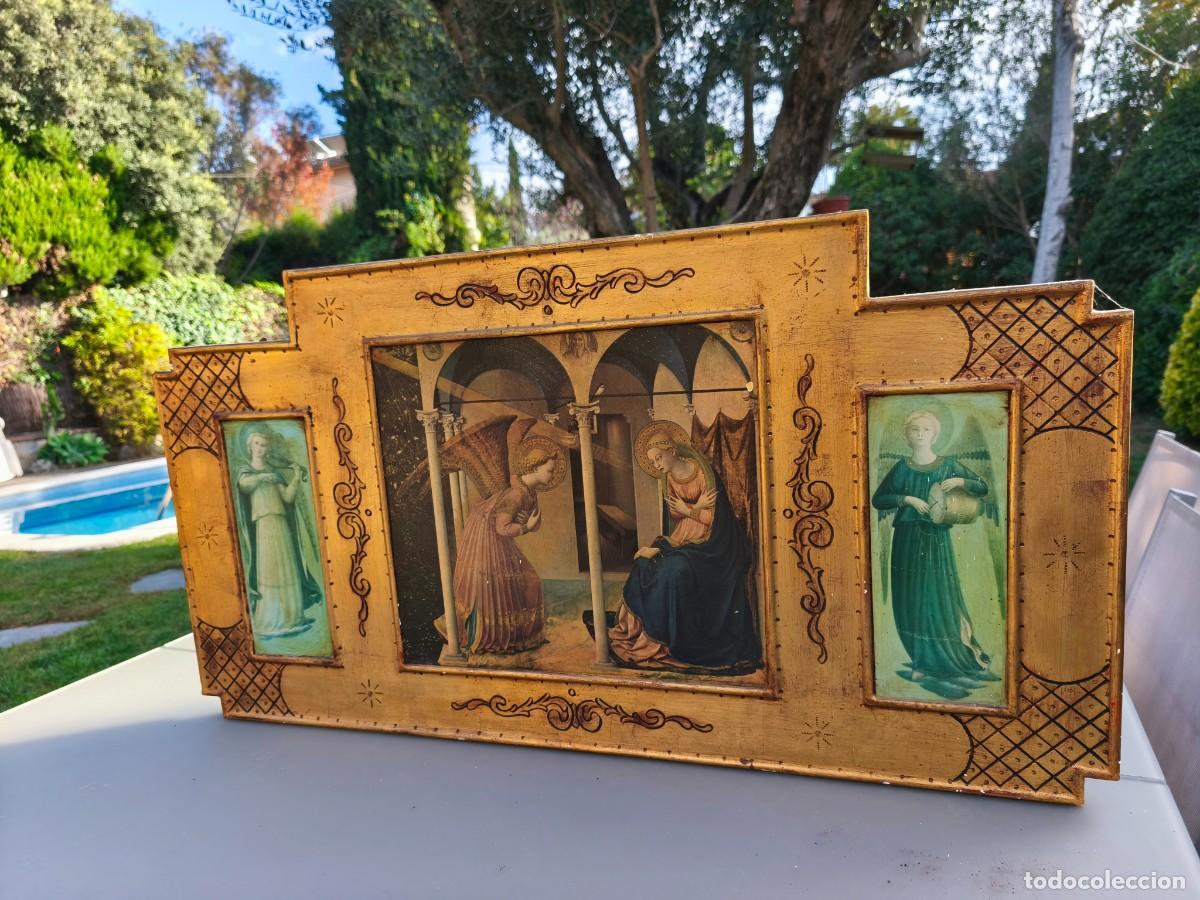 Arte: Gran cuadro religioso &ndash; Anunciaci&oacute;n estilo Fra Angelico &ndash; Marco madera decorado &ndash; 75 cm