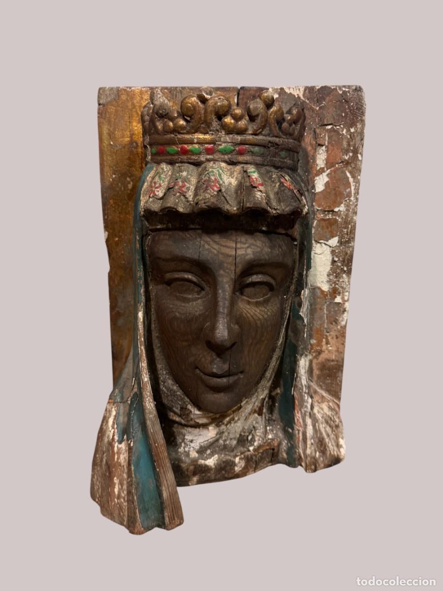Arte: cabeza de virgen coronada, tallada en madera - Foto 1