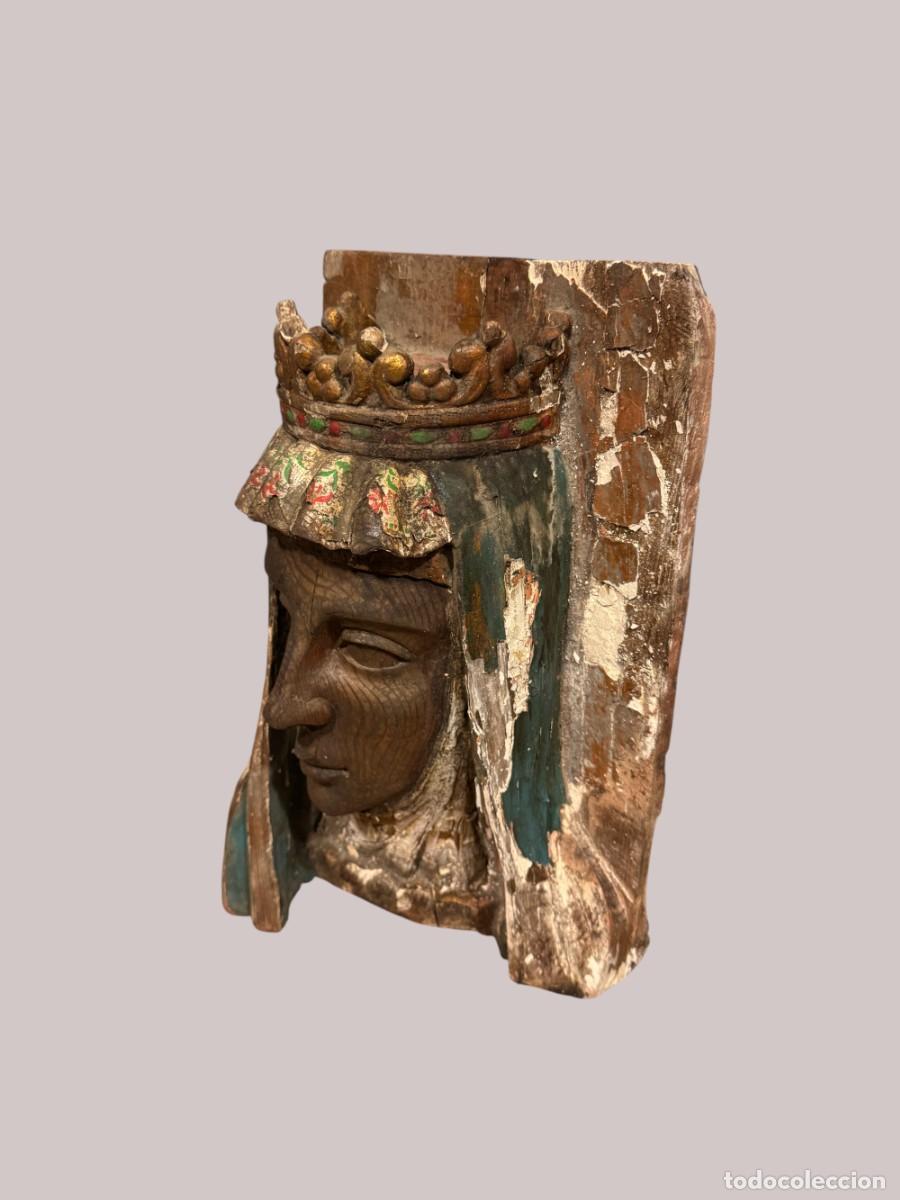 Arte: cabeza de virgen coronada, tallada en madera - Foto 2