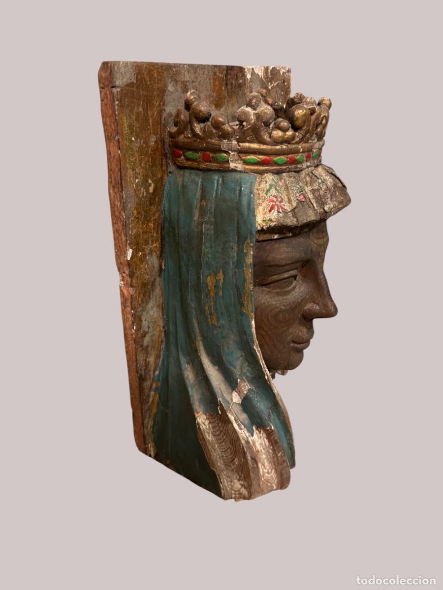 Arte: cabeza de virgen coronada, tallada en madera - Foto 3