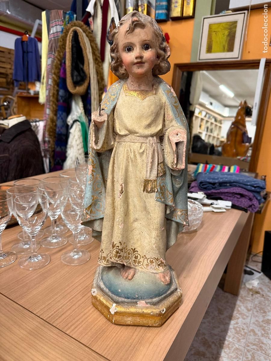 Arte: NI&Ntilde;O JESUS en pasta de madera a restaurar. Policromado. De Olot. Ojos de cristal. 45cms