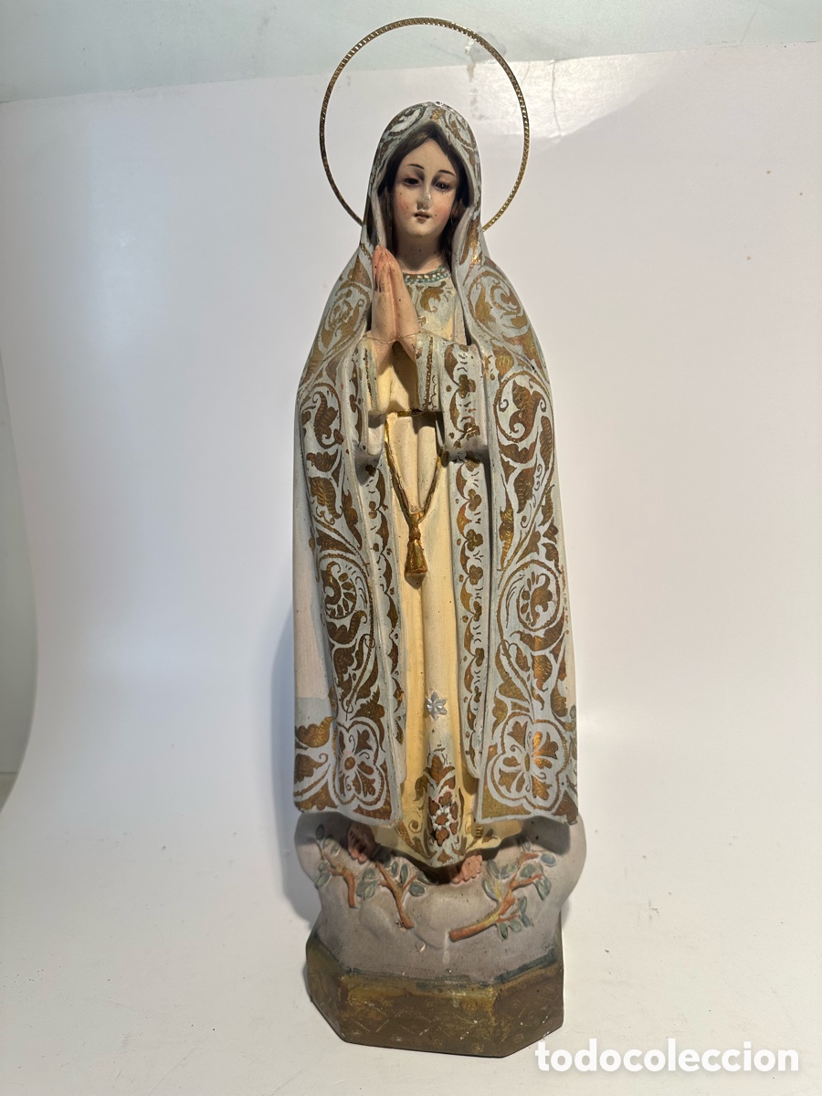 Arte: VIRGEN DE FATIMA DE ESTUCO Y OJOS DE CRISTAL PARA RESTAURAR. MODELO OLOT. 35CM