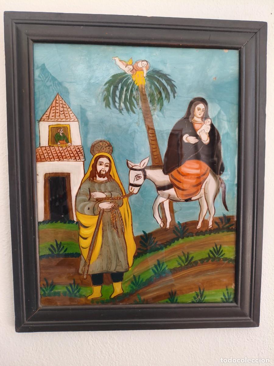 Arte: Antigua Pintura sobre Vidrio (S. XIX) - Escena B&iacute;blica: La Huida a Egipto - Arte Popular Devocional