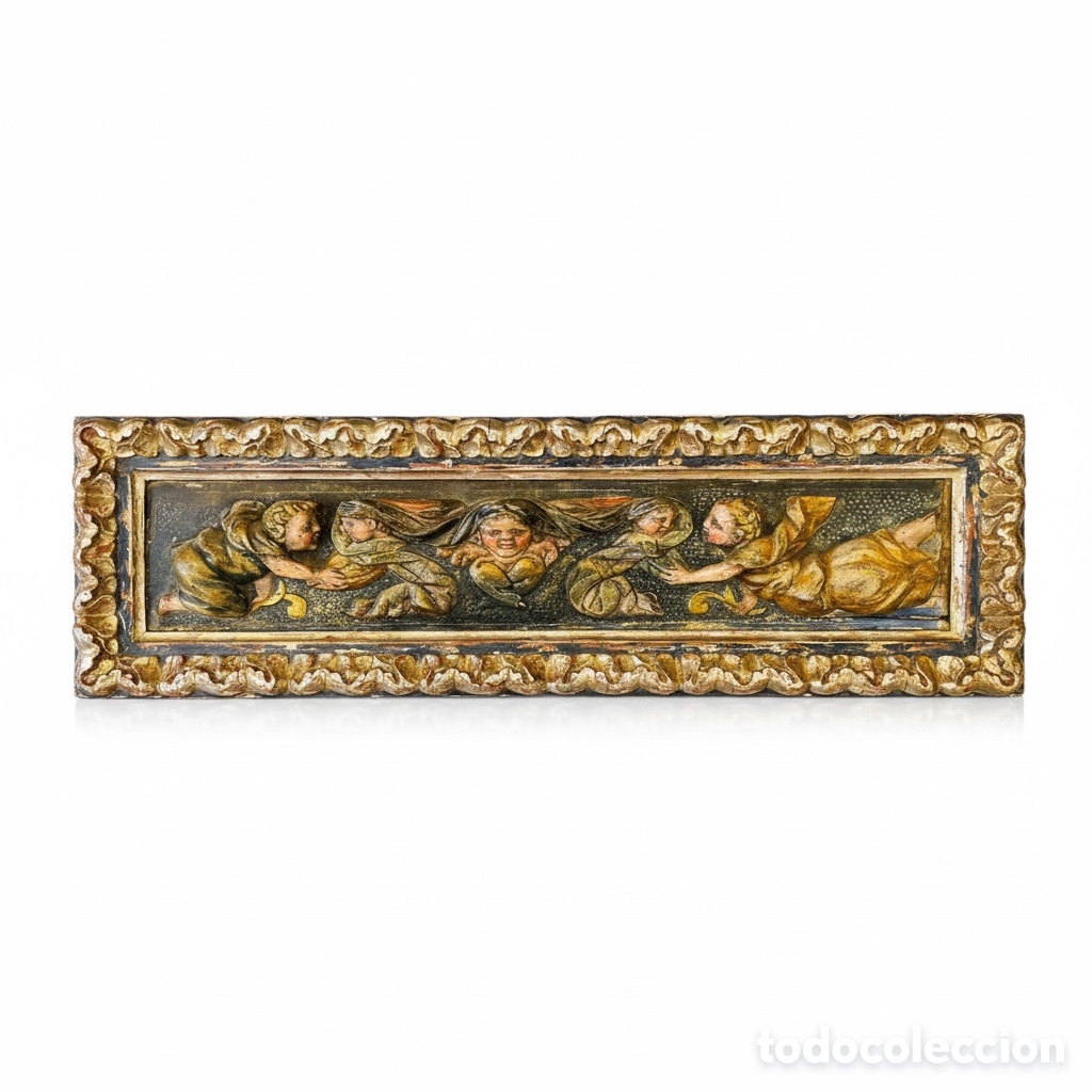 Art: Relieve barroco con &aacute;ngeles en madera dorada y policromada, siglo XVII-XVIII. Talla barroca. 25x75cm