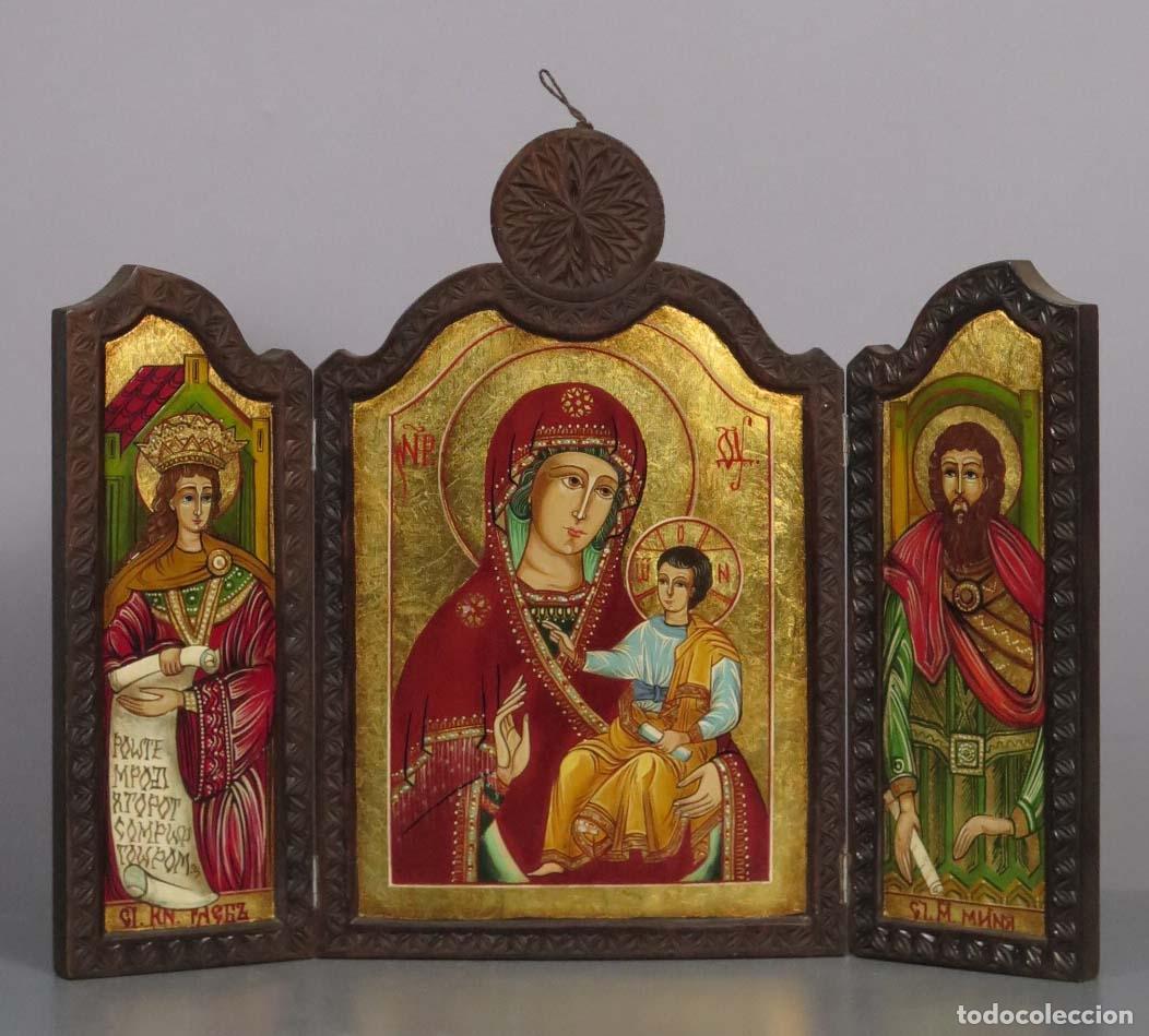 Arte: ICONO. TRIPTICO. VIRGEN MARIA. SIGLO XX. PINTADO A MANO.