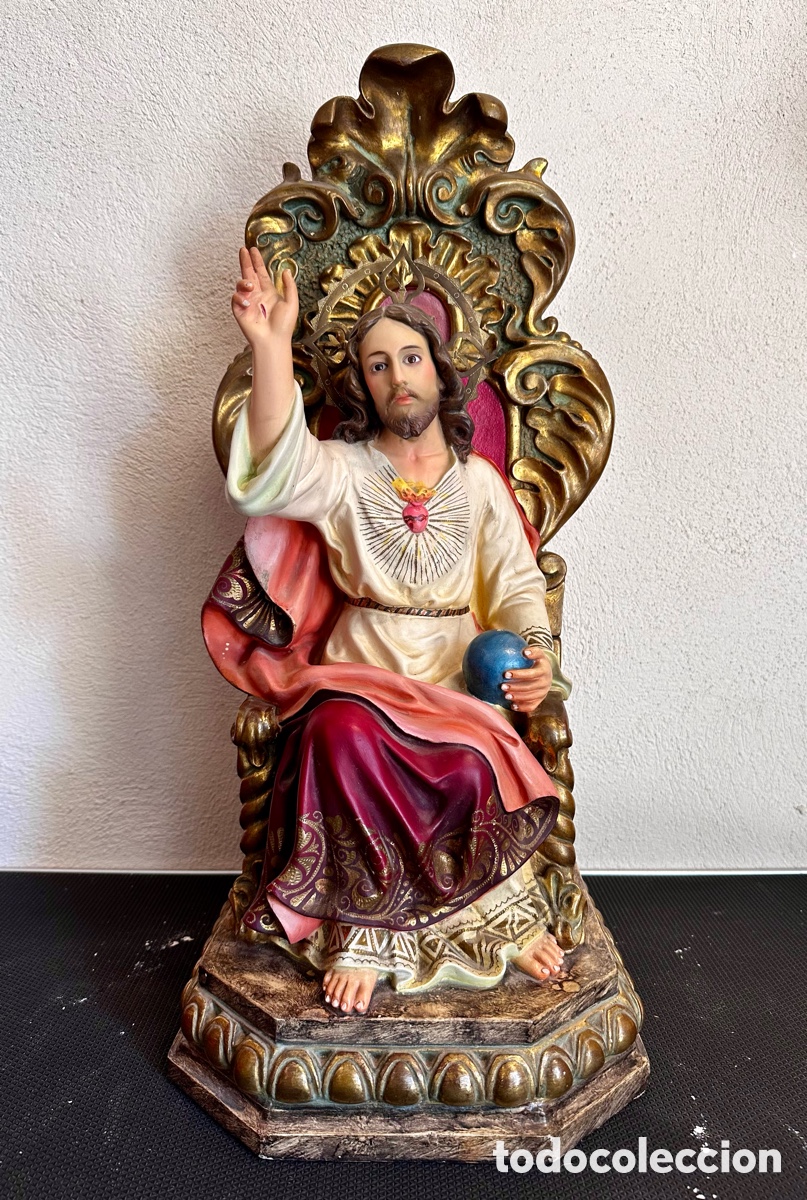 Arte: JESUCRISTO SAGRADO CORAZ&Oacute;N ENTRONIZADO. PASTA MADERA, OLOT. CRISTO REY. 60 cms.
