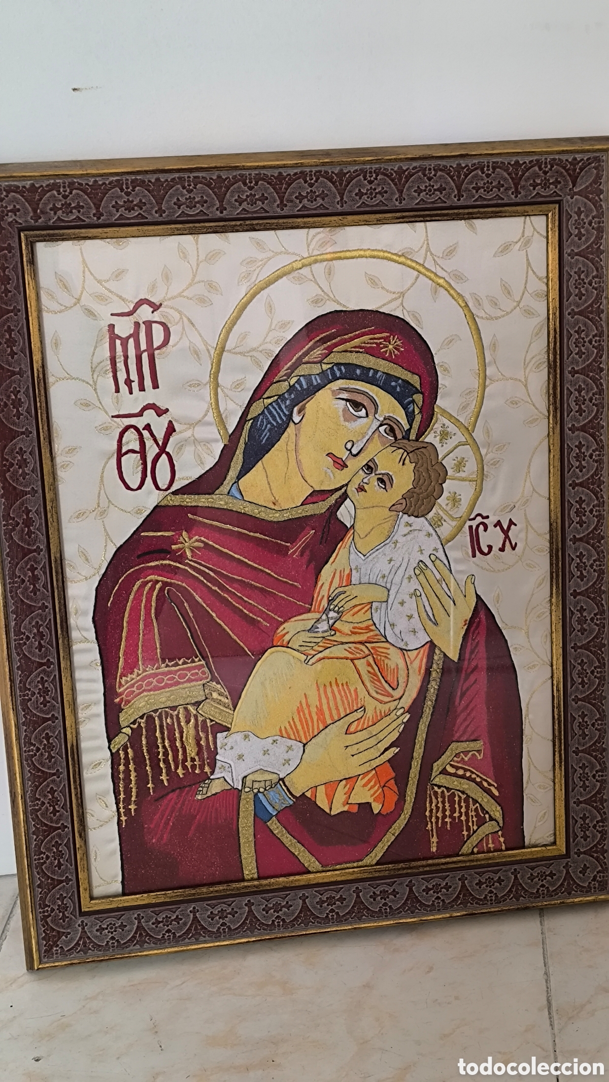 Arte: Icono Virgen con Ni&ntilde;o estilo bizantino &ndash; MP-&Theta;Y IC XC &ndash; cuadro religioso enmarcado 63x50 cm