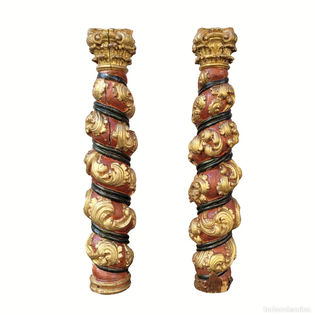 Arte: Pareja esculturas, tallas &laquo;Columnas salom&oacute;nicas&raquo;, madera tallada, dorada y policromada, s. XVIII