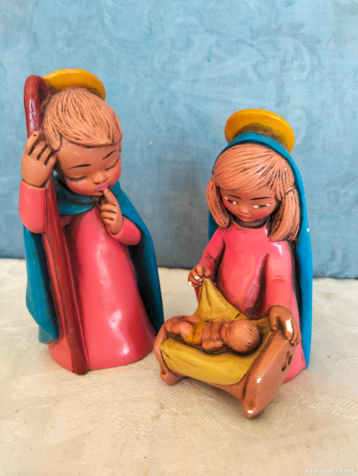 Arte: Figuras decorativas nacimiento de Jes&uacute;s Bel&eacute;n pesebre Virgen San Jos&eacute; el ni&ntilde;o yeso pintado a&ntilde;os 60