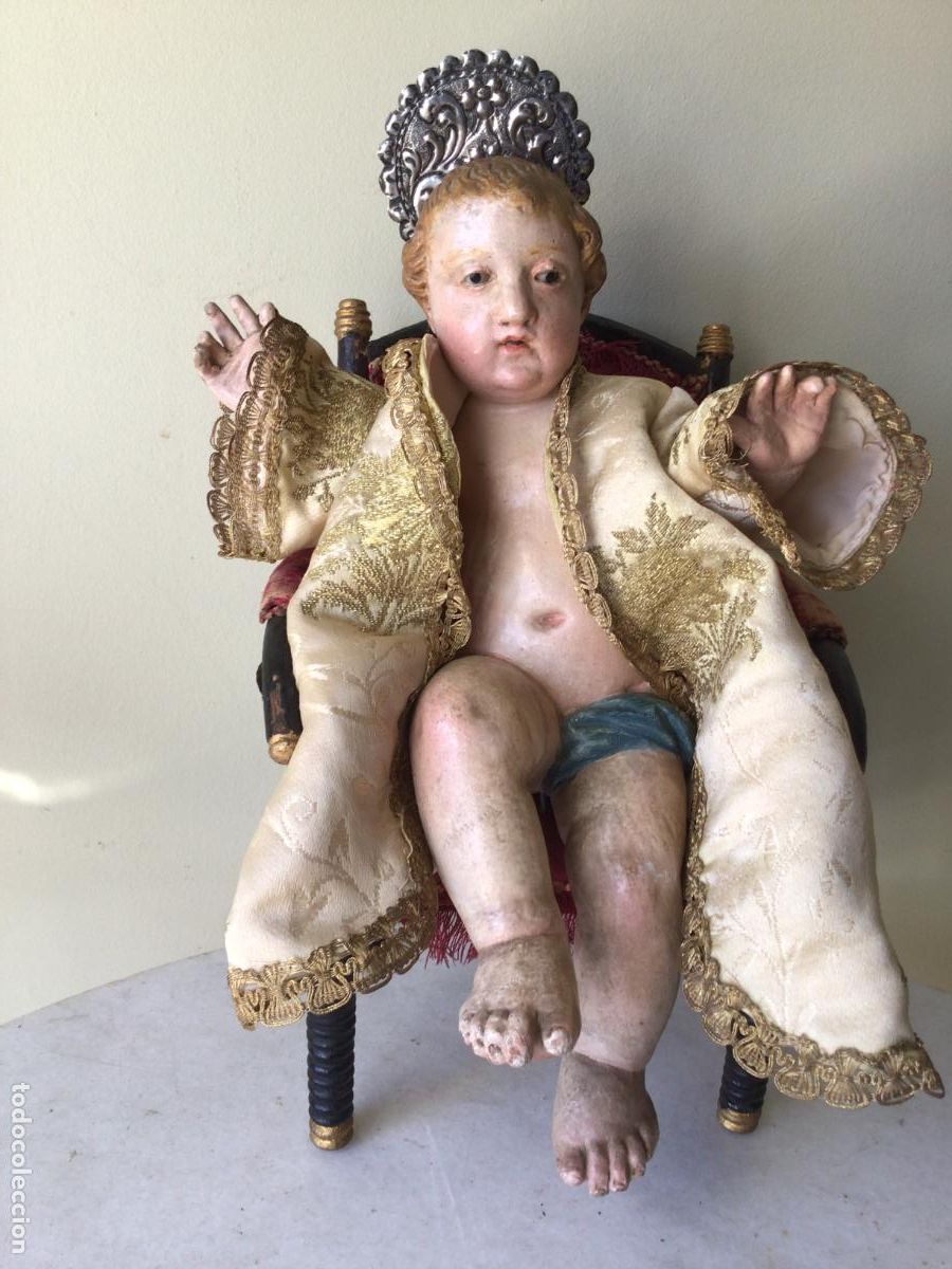 Arte: ANTIGUA TALLA EN MADERA SIGLO 18, NI&Ntilde;O JESUS EN EL TRONO , CORONA DE PLATA