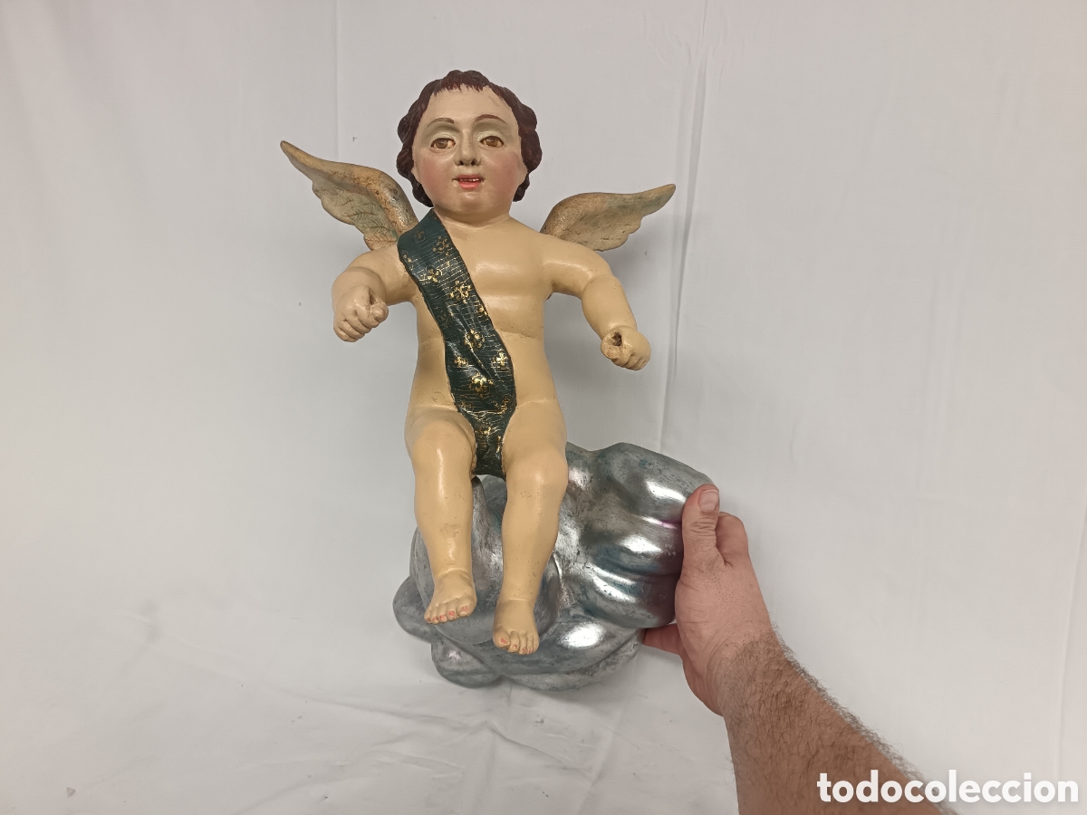 Arte: ANGELOTE QUERUB&Iacute;N EN NUBE, MADERA POLICROMADA, UNOS 60 CM APROX