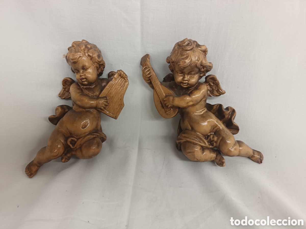 Arte: PAREJA DE &Aacute;NGELES O QUERUBINES DE MADERA 17 CM APROX.