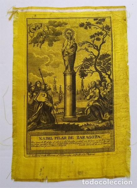 Arte: Grabado en seda. Aparici&oacute;n de la Virgen del Pilar a Santiago en Zaragoza. J. G. Lafuente 1799-1828