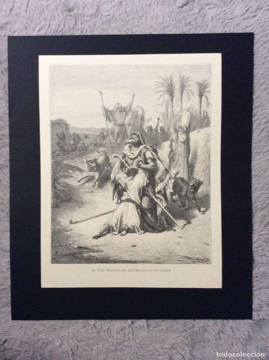 Arte: El Hijo pr&oacute;digo en los brazos de su padre. Antiga gravura b&iacute;blica do antigo Testamento