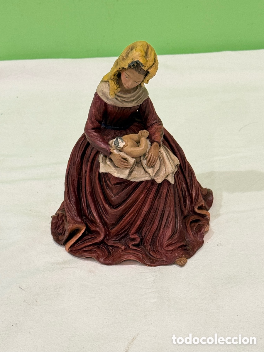 Arte: Escultura terracota Virgen con Ni&ntilde;o sellada figura religiosa antigua policromada