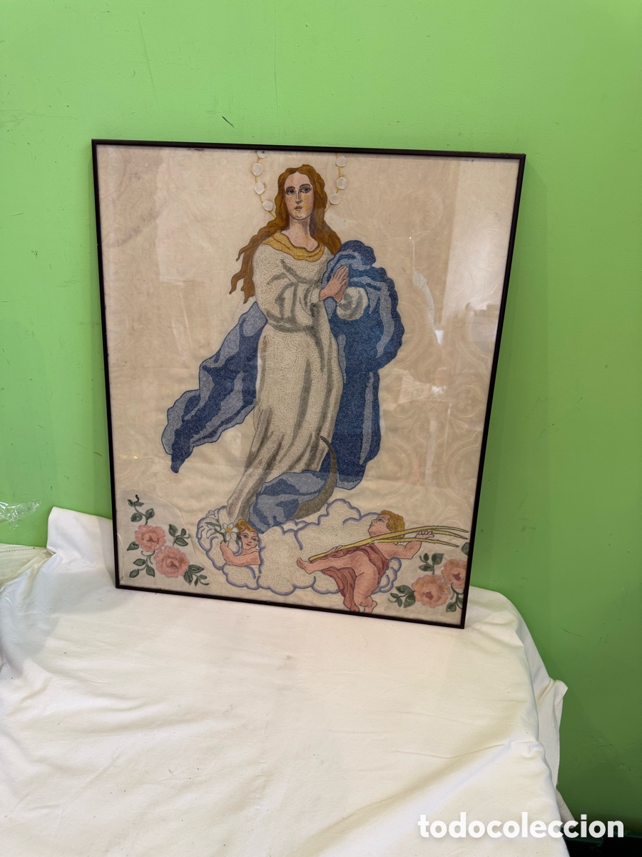Arte: Virgen Bordada Sobre Seda Relieve Principios Siglo XX Marco Original