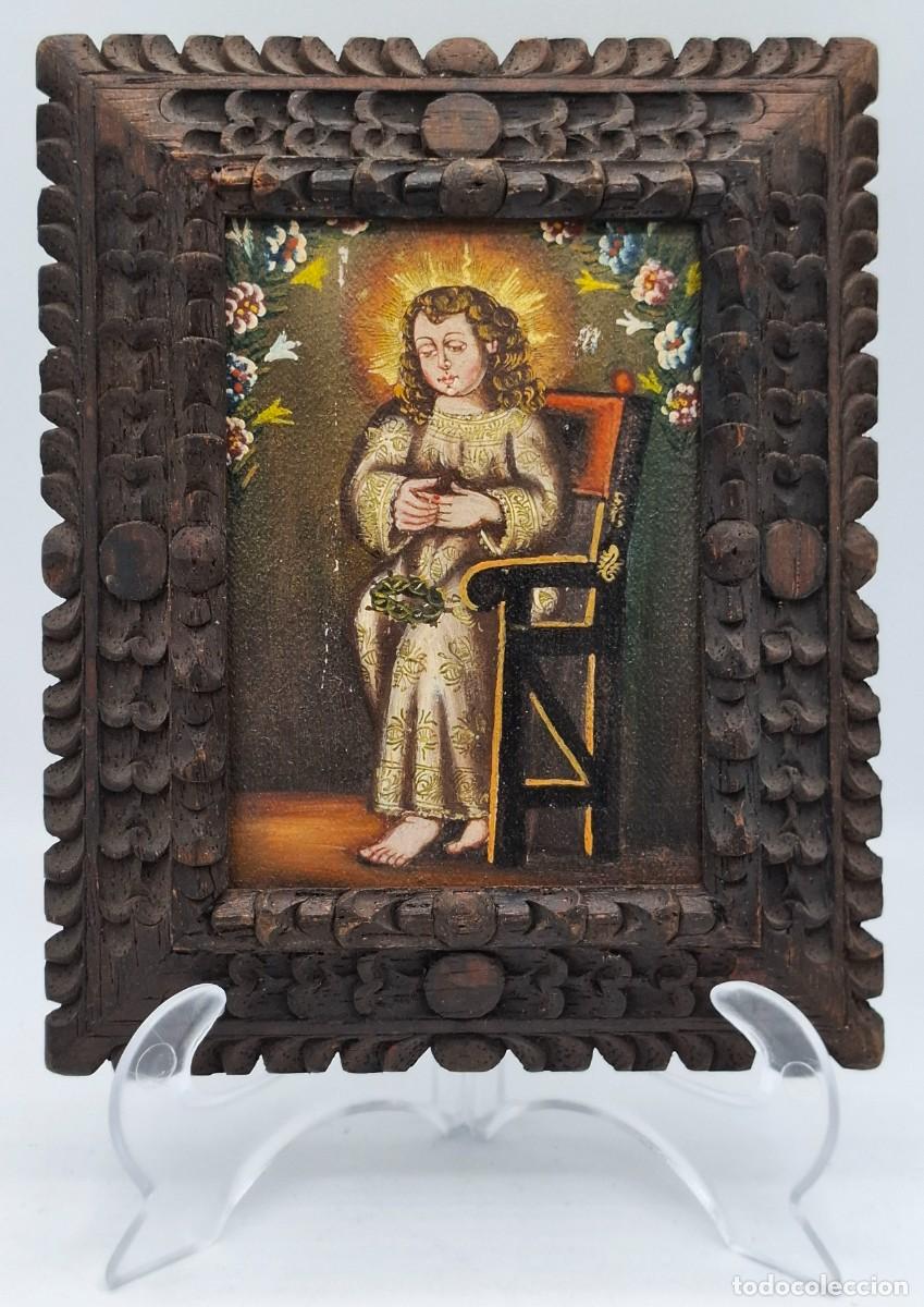 Arte: + MINIATURA EN OLEO SOBRE TELA DE VIRGEN NI&Ntilde;A AL ESTILO DE LA ESCUELA COLONIAL CUZQUE&Ntilde;A EN MARCO