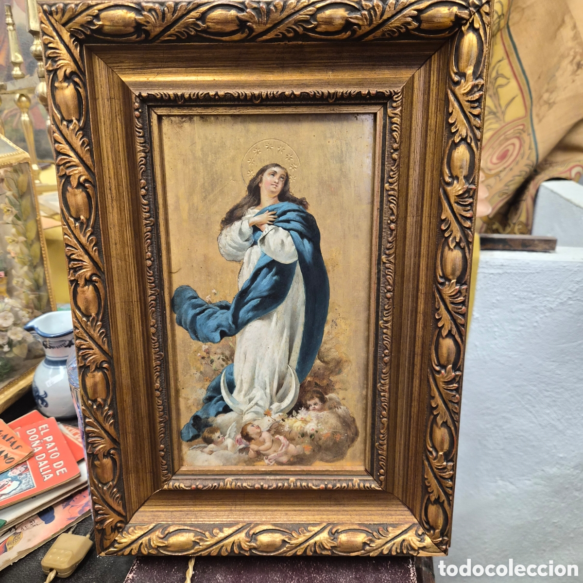 Arte: Oleo sobre tabla religioso antiguo Inmaculada Concepci&oacute;n con marco Siglo XIX