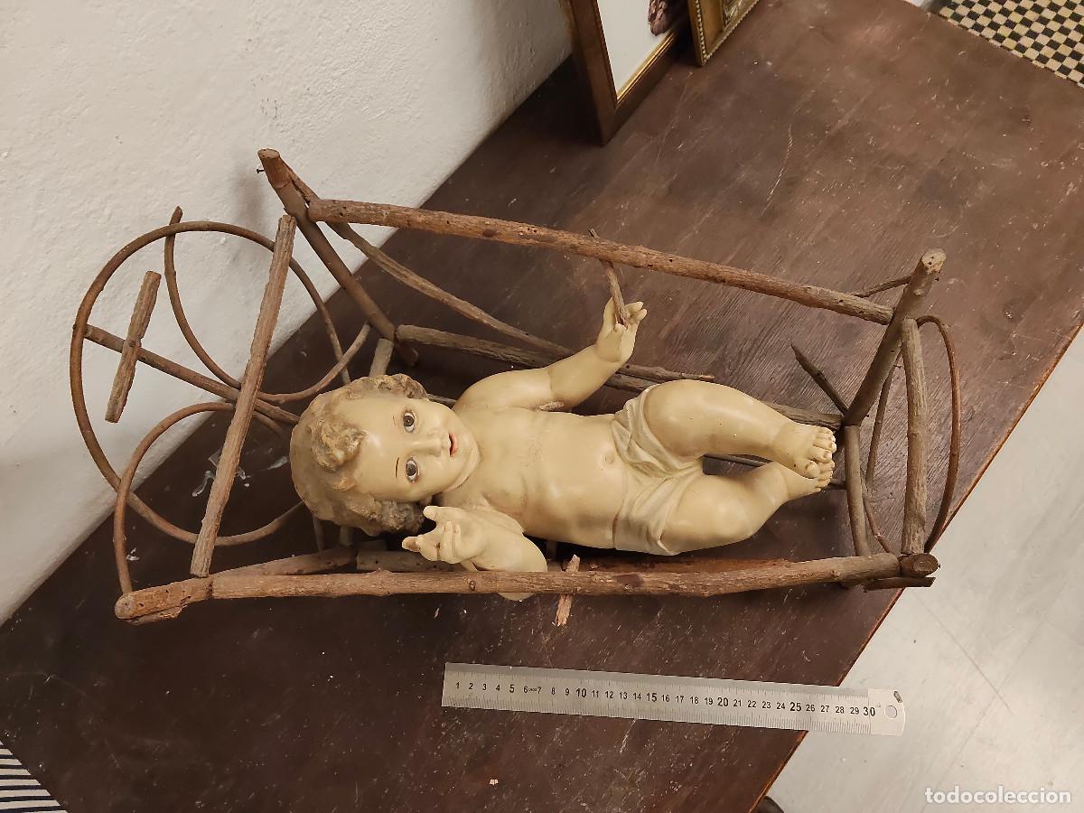 Arte: ni&ntilde;o jes&uacute;s de cuna original de madera - taller de olot .- 33 cm sin la cuna - estuco ver fotos