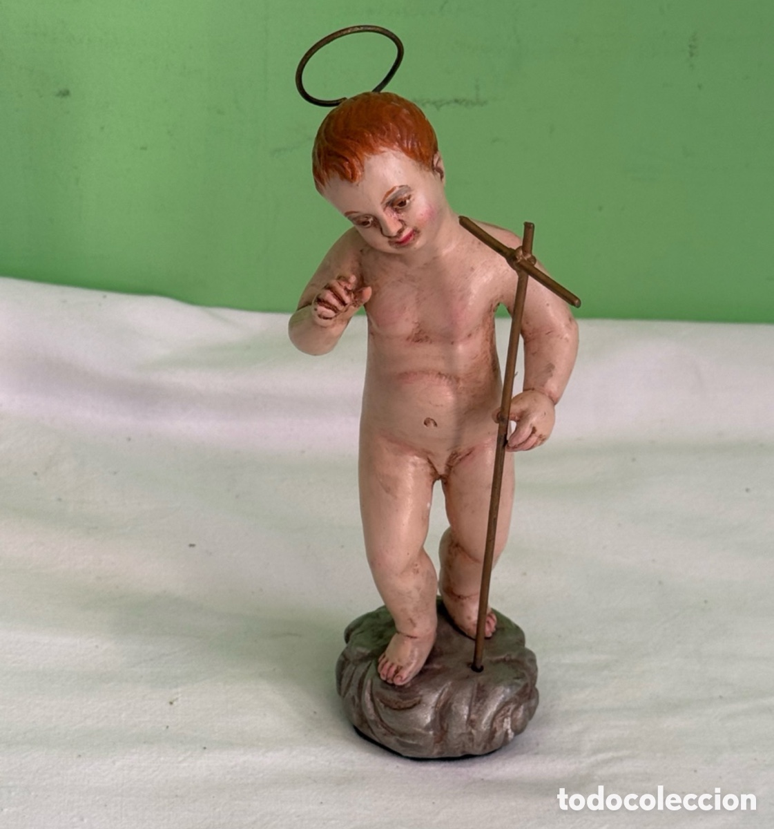 Arte: Antigua figura religiosa Ni&ntilde;o Jes&uacute;s con cruz escultura policromada siglo XX