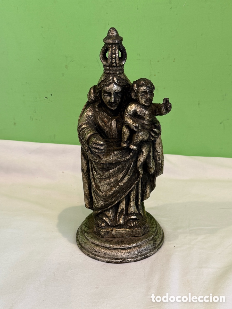Arte: Escultura Virgen con Ni&ntilde;o madera tallada policromada plata siglo XX religiosa
