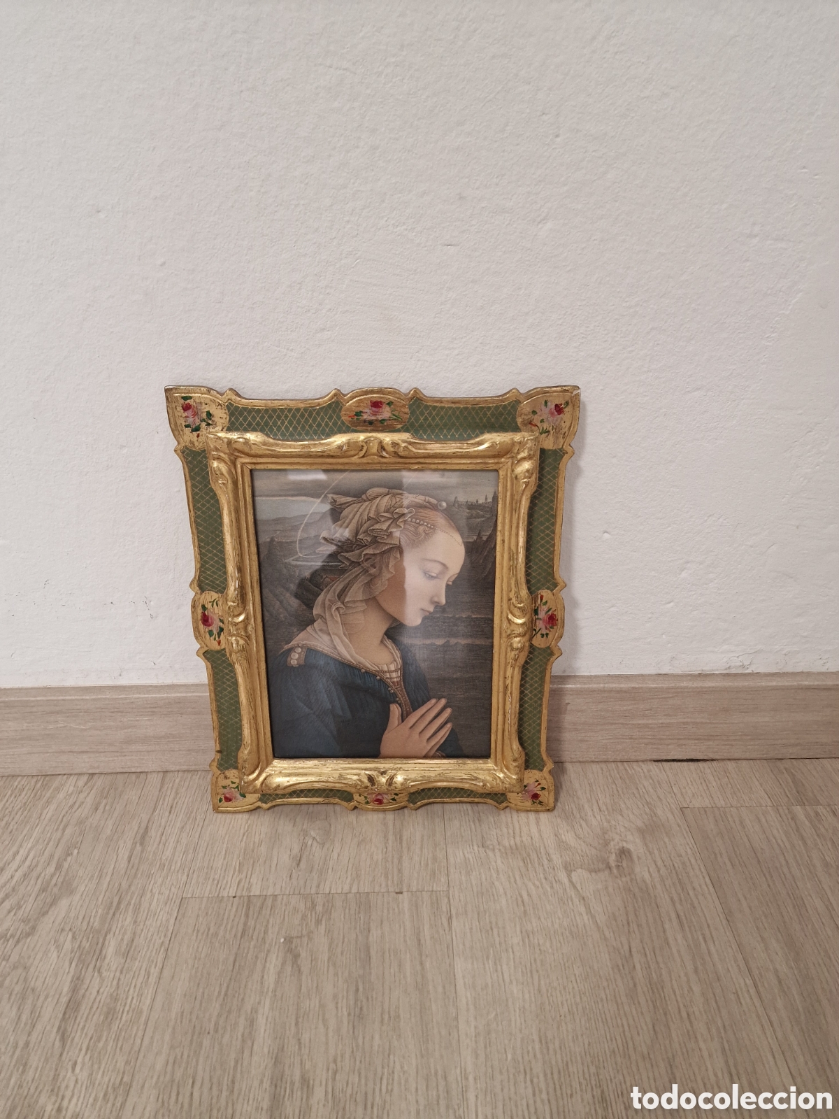 Arte: Cuadro de la Virgen (Detalle de Lippi) con marco dorado y verde muy bonito - 34x27