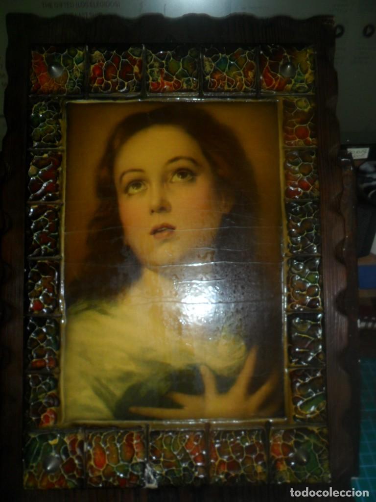 Arte: 025- Cuadro Vintage Inmaculada Murillo - Marco Madera y Esmalte en Relieve