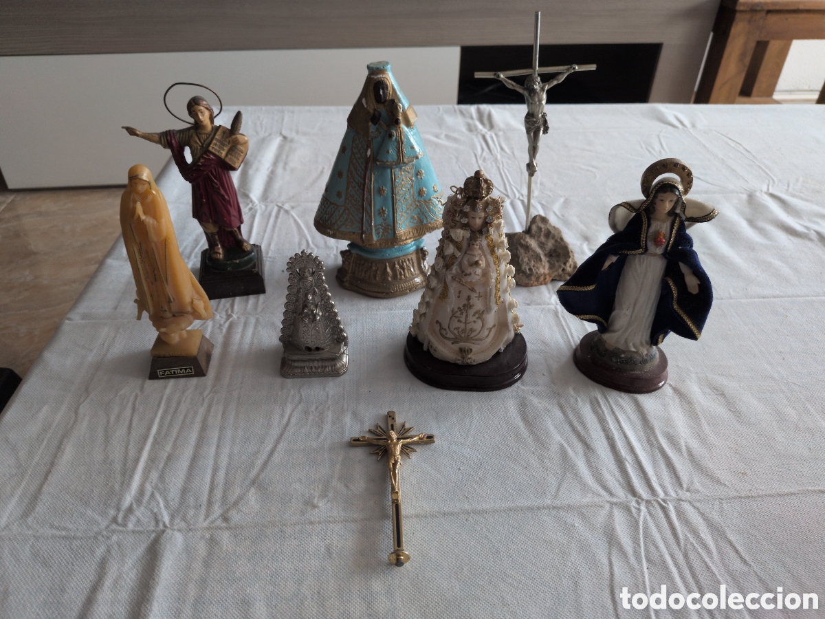 Arte: Colecci&oacute;n de 8 figuras antiguas religiosas. Sagrado coraz&oacute;n mar&iacute;a, crucifijo sobremesa, Roc&iacute;o, ....