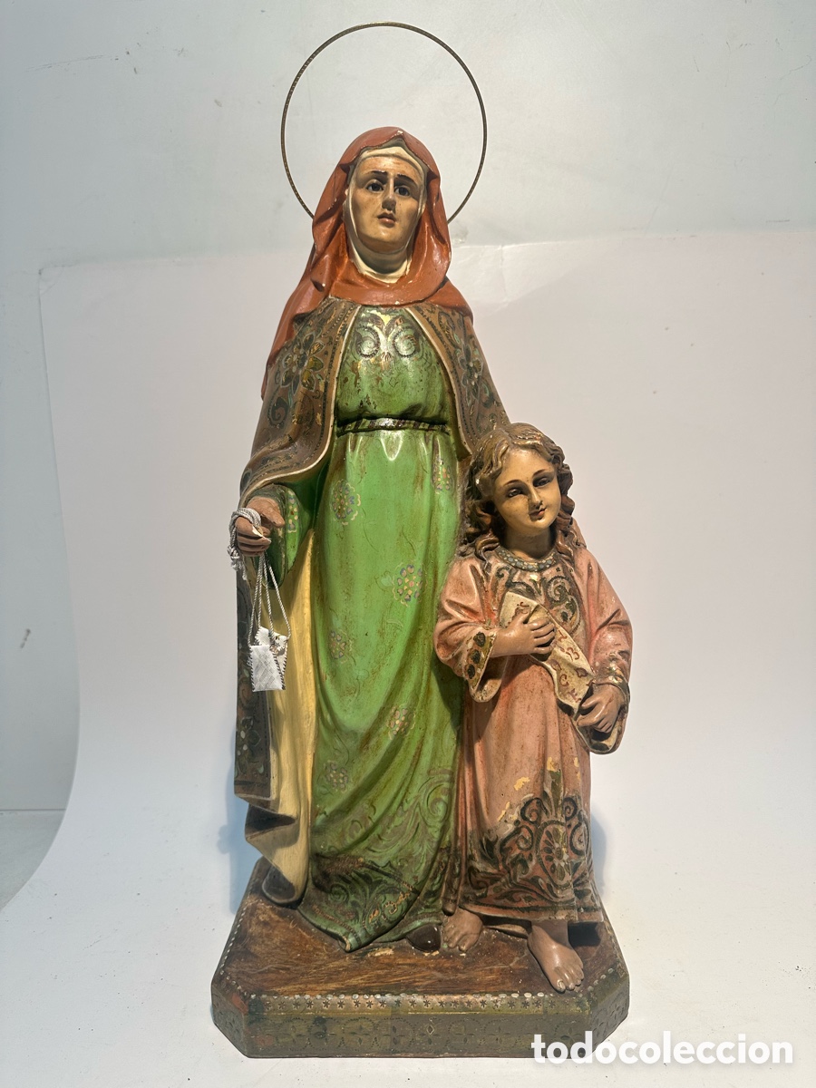 Arte: SANTA ANA Y VIRGEN NI&Ntilde;A DE ESTUCO Y OJOS DE CRISTAL ANTIGUA. SELLO OLOT. 45CM.