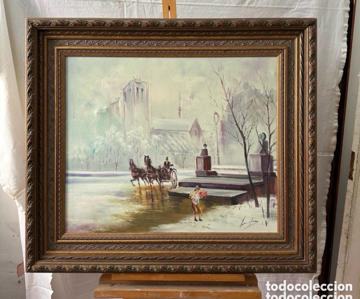 Arte: &Oacute;leo sobre lienzo escena urbana nevada carruaje firmado enmarcado siglo XX