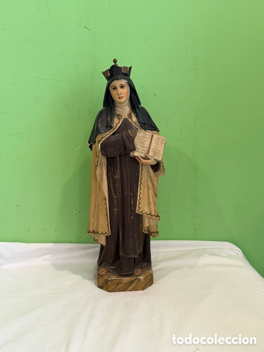 Arte: Antigua escultura Santa Teresa de Jes&uacute;s escayola policromada base madera siglo XX 60 cm