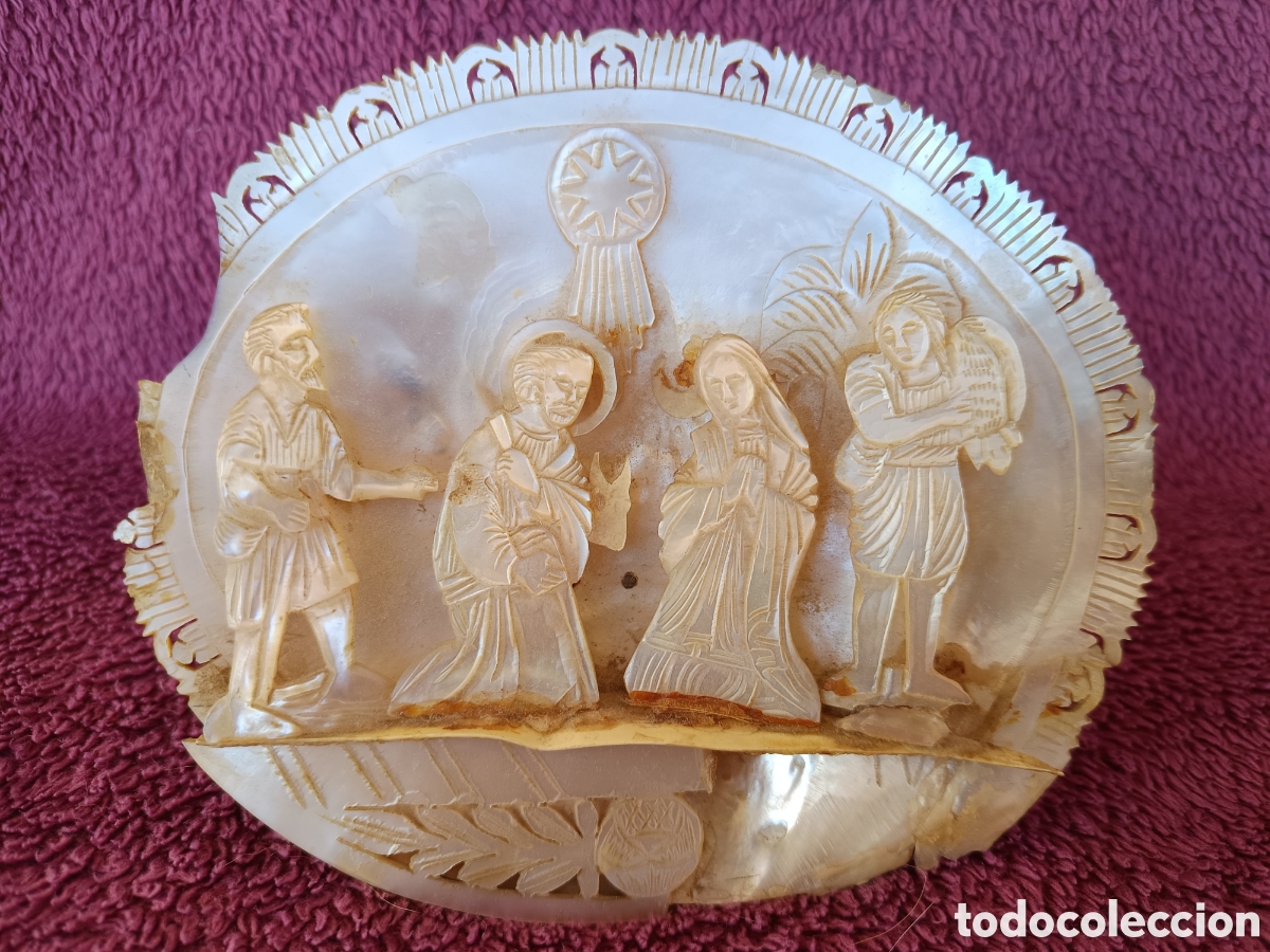 Arte: ANTIGUA CONCHA NACAR TALLADA Y MONTAJE DE NACIMIENTO. VER FOTOS Y DESCRIPCI&Oacute;N.